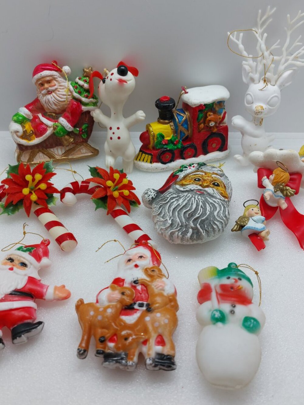 Bundle Of 11 Plastic Christmas Tree Ornaments Snoopy, Santa Claus, Candy Cane